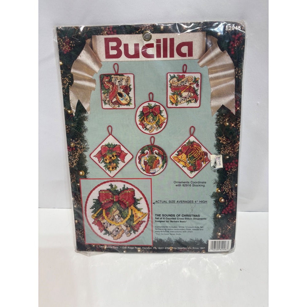 VTG Bucilla Sounds of Christmas Ornament Kit Multi 82946 Cross-Stitch 6pc